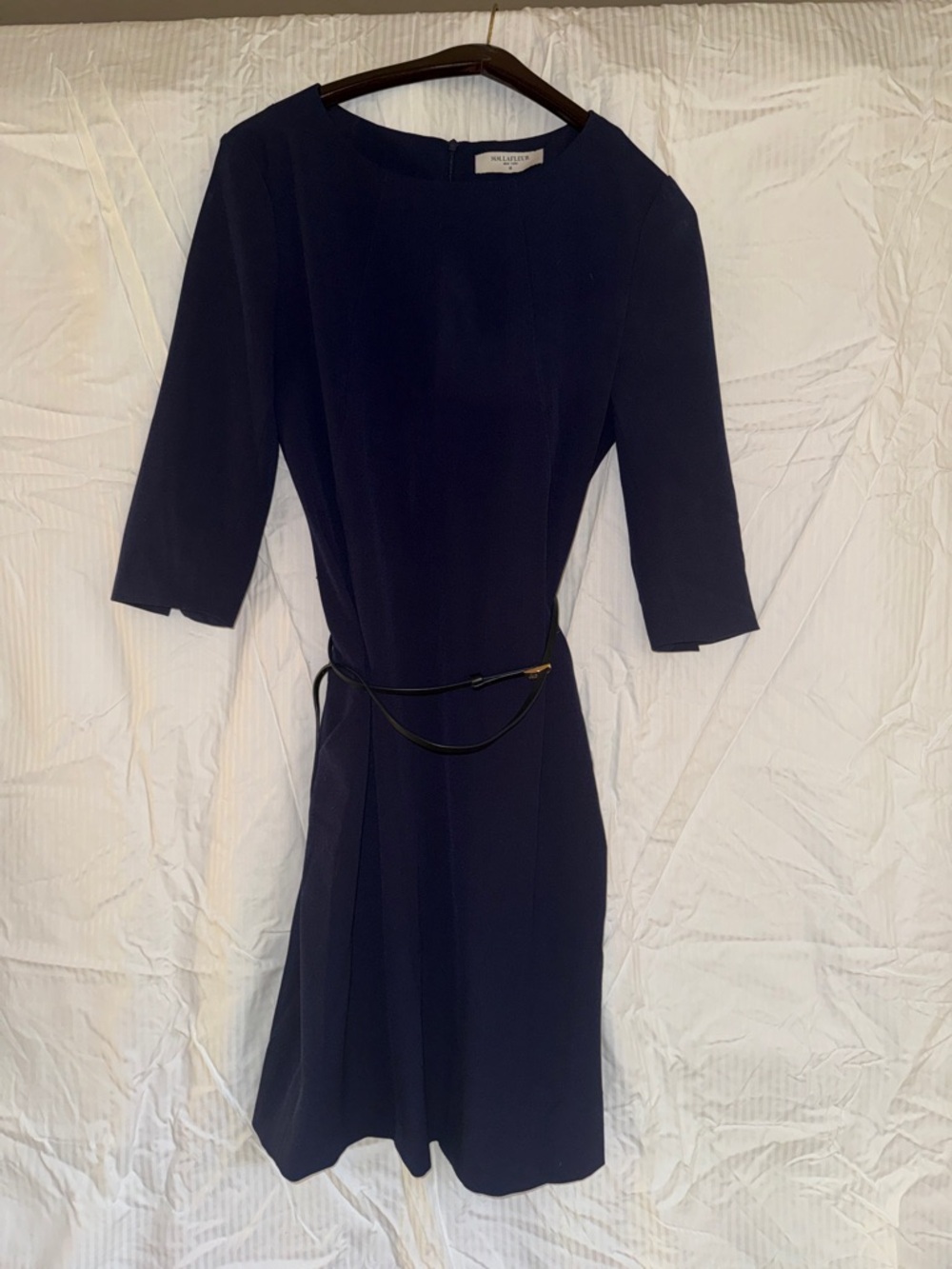 MM.LaFleur Navy Long-Sleeve Sheath Dress with Slim Belt